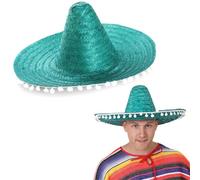 Adults Mexican Sombrero Hat - Large Green Straw Sombrero Hat with Attached White Pompoms - Ladies Womens Mens Mexico Mariachi Cinco de Mayo Fancy Dress Costume Accessory