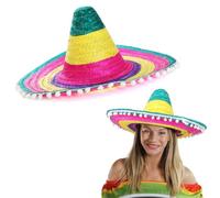 Adults Mexican Sombrero Hat - Large Multicoloured Straw Sombrero Hat with Attached White Pompoms - Ladies Womens Mens Mexico Mariachi Cinco de Mayo Fancy Dress Costume Accessory