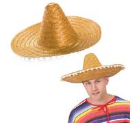 Adults Mexican Sombrero Hat - Large Orange Straw Sombrero Hat with Attached White Pompoms - Ladies Womens Mens Mexico Mariachi Cinco de Mayo Fancy Dress Costume Accessory