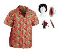 Adults Miami Gangster Costume Set - Red Hawaiian Shirt, Black Wig, Fake Blood, Slash Scar & Prop Cigar - Halloween Adult Fancy Dress for Parties & Events
