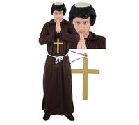Adults Monk Costume - Large - Brown Robe, White Rope Belt, Gold Cross, Monk Wig - Adults Friar Halloween Fancy Dress Costume