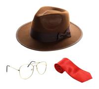 Adults Mr Whatsit Accessory Set - Brown Fedora Hat, 80s-Style Glasses, Red Tie - Mens 80s TV Character Comic Con Halloween Fancy Dress Costume Accessory Set