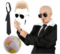 Adults Mr Worldwide Accessory Set - 5 Piece Music Icon Costume with Bald Cap, Black Sunglasses, Black Tie, Spiv Moustache and Inflatable Globe - Mens Womens Rapper Fancy Dress Kit