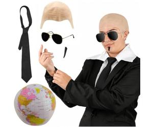 Adults Mr Worldwide Accessory Set - 5 Piece Music Icon Costume with Bald Cap, Black Sunglasses, Black Tie, Spiv Moustache and Inflatable Globe - Mens Womens Rapper Fancy Dress Kit