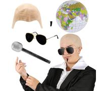 Adults Mr Worldwide Accessory Set - Nude Bald Cap, Black Sunglasses, Inflatable Globe, Microphone, Black Soul Patch - Mens Ladies Music Icon Famous Celebrity Fancy Dress Costume Accessory Set