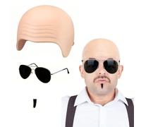 Adults Mr Worldwide Accessory Set, Nude Latex Bald Cap, Black Soul Patch, Mens Ladies Music Icon Famous Celebrity Fancy Dress Costume Accessory Set, Hip-hop Style for Men Women Cosplay Makeup Party