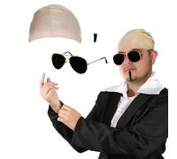 Adults Mr Worldwide Accessory Set - Nude Latex Bald Cap, Black Sunglasses, Black Soul Patch - Mens Ladies Music Icon Famous Celebrity Fancy Dress Costume Accessory Set