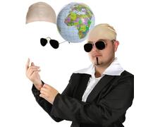Adults Mr Worldwide Accessory Set - Nude Latex Bald Cap, Black Sunglasses, Inflatable Globe, Black Soul Patch - Mens Ladies Music Icon Famous Celebrity Fancy Dress Costume Accessory Set