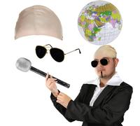 Adults Mr Worldwide Accessory Set - Nude Latex Bald Cap, Black Sunglasses, Inflatable Globe, Microphone, Black Soul Patch - Mens Ladies Music Icon Famous Celebrity Fancy Dress Costume Accessory Set