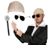 Adults Mr Worldwide Accessory Set - Nude Latex Bald Cap, Black Sunglasses, Microphone, Black Soul Patch - Mens Ladies Music Icon Famous Celebrity Fancy Dress Costume Accessory Set