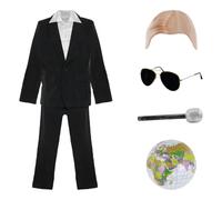 Adults Mr Worldwide Costume - Black Suit, White Shirt, Bald Cap, Sunglasses, Black Goatee, Silver Microphone, Inflatable Globe - Mens Womens Rap Artist Music Concert Fancy Dress Costume