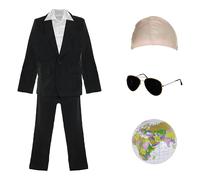 Adults Mr Worldwide Costume - Black Suit, White Shirt, Latex Bald Cap, Sunglasses, Black Goatee and Inflatable Globe - Mens Womens Rap Artist Music Concert Fancy Dress Costume