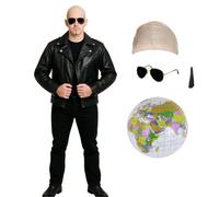 Adults Mr Worldwide Costume Set - Nude Bald Cap, Black Sunglasses, Soul Patch, Inflatable Globe & Leather Look Jacket - Mens Music Icon Famous Celebrity Fancy Dress Costume Halloween Events