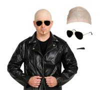 Adults Mr Worldwide Costume Set - Nude Skin Bald Cap, Black Sunglasses, Soul Patch & Leather Look Jacket - Mens Ladies Music Icon Famous Celebrity Fancy Dress Costume Halloween Events - Large