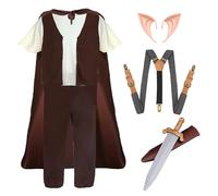 Adults Mythical Man Costume - Brown Cape With Hood, White Top With Brown Waistcoat, Brown Trousers, Mythical Ears, Adjustable Tweed Braces and Plastic Sword - Perfect for World Book Day