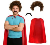 Adults Nacho Wrestler Accessory Set - Red Cape, Brown Curly Wig, Black Mexican Moustache - Mens Funny TV Film Halloween Stag Do Fancy Dress Costume Accessory Set