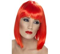 Adults Neon Red Glam Wig Short Blunt with Fringe Womens Fancy Dress