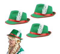 Adults Oktoberfest Hat - Pack of 3 - Green & Red Bavarian Hat with Feather Detail - German Oktoberfest Tyrolean Fancy Dress Accessory