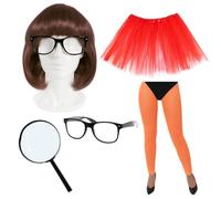 Adults Orange Movie Character Costume Set with Red Skirt Tutu, Brown Bob Wig, Geek Glasses, Magnifying Glass & Orange Tights - Classic Cartoon Detective Fancy Dress Outfit for Halloween & Parties