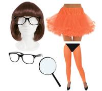 Adults Orange Movie Character Costume Set with Tutu, Brown Bob Wig, Geek Glasses, Magnifying Glass & Orange Tights - Classic Cartoon Fancy Dress Outfit for Halloween & Parties