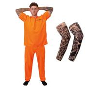 Adults Orange Prisoner Costume Set with 2x Fake Tattoo Sleeves - Inmate Fancy Dress Jumpsuit for Halloween, Stag Do, Cosplay & Themed Parties - Medium
