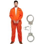 Adults Orange Prisoner Jumpsuit & Hand Cuffs Set - Inmate Fancy Dress Costume