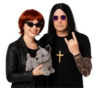 Adults Osbourne Couple Accessory Set - Long Black Wig, Purple Glasses, Gold Cross, Red Wig, Cat Eye Glasses, Toy Dog & Tattoo Sleeves - Adults Music TV/Film Celebrity Fancy Dress Costume Accessory Set