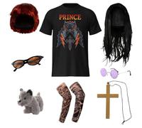 Adults Osbourne Couples Costume - Medium - Black Graphic T-Shirt, Black Wig, Round Glasses, Gold Cross, Tattoo Sleeves, Red Wig, Sunglasses, Toy Dog - Adults Music TV Celebrity Fancy Dress Costume