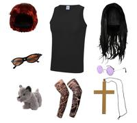 Adults Osbourne Couples Costume - Medium - Black Vest, Black Wig, Round Glasses, Gold Cross, Tattoo Sleeves, Red Wig, Sunglasses, Toy Dog - Adults Music TV Celebrity Fancy Dress Costume