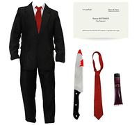 Adults Patrick Bateman Costume - Medium - Black Suit + Red Tie + Bloody Knife + Business Card + Fake Blood - American Psycho Character Halloween Fancy Dress Costume