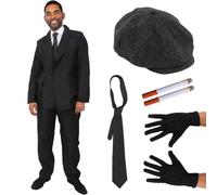 Adults Peaky Gangster Costume - XX-Large - Black Suit, Braces, Tie, Black Flat Cap, Gloves, Fake Cigarettes - Mens TV Film Halloween Trick or Treat Fancy Dress Costume