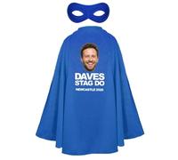 Adults Personalised Superhero Stag Costume - Pack of 6 - Long Blue Cape with Your Design on the Back, Matching Eyemask - Mens Stag Party Upload Your Own Design Customised Fancy Dress Outfit