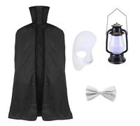Adults Phantom Accessory Set - Black Cape with Collar, White Half-Mask, White Bowtie, Lantern - Mens Musical Opera Halloween Fancy Dress Costume Accessory Set