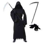Adults Phantom of Darkness Grim Reaper Costume + Black Gloves + Scythe (L/XL - XL up to 48" Chest)