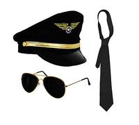 Adults Pilot Fancy Dress Costume Set - Black Aviator Pilots Hat, Sunglasses With Black Lens & Plain Black Tie