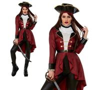 Smiffys Deluxe Swashbuckler Pirate Costume, Burgundy Jacket, Leggings, Neck Ruffle & Hat, Pirate Fancy Dress, Pirate Dress Up Costumes