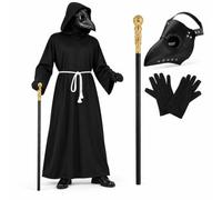 Adults Plague Doctor Costume Black Robe Mask Cane Halloween Outfit