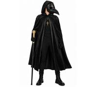 Adults Plague Doctor Halloween Costume Black Hooded Cape Cane Gloves Mask | 5-piece costume bundle, black hooded cape, gold cross necklace, gold-top cane, black gloves, plague doctor mask, one size