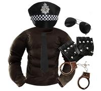 Adults Police Stripper Costume - Standard Size - Brown Muscle Chest Top, Aviator Glasses, Black Tie, Police Hat, Gloves and Handcuffs - Perfect for Stag Dos and Other Fancy Dress Events