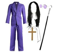 Adults Prince of Darkness Costume - Large - Purple Suit Jacket & Trousers, Long Black Wig, Black & Silver Cane, Circular Glasses, Gold Cross - Adults 70s/80s Rock Star Fancy Dress Costume