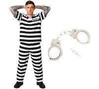 Adults Prisoner Costume - Unisex Black and White Striped & Cuffs - Convict Fancy Dress Costume (Small - X-large)