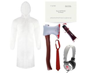 Adults Psycho American- Standard - Transparent Raincoat, Red Tie, Inflatable Axe, Headphones, Business Card and Fake Blood - Mens Psycho Patrick Bateman American TV Film Halloween Fancy Dress