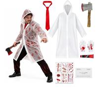 Adults Psycho Costume 7 Pcs, Mens Halloween Costume, Clear Rain Coat & Axe | Mens Halloween Businessman Killer Costume Set for Halloween Parties, Fancy Dress, Cosplay and Horror-Themed Events