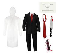 Adults Psycho Costume - Black Suit, Transparent Raincoat, Tie, Fake Plastic Knife Prop, Business Card and Fake Blood - Mens Film Character Halloween Fancy Dress Costume