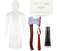 Adults Psycho Costume - Transparent Raincoat, Red Tie, Inflatable Axe, Business Card and Fake Blood - Mens Psycho Patrick Bateman American TV Film Character Halloween Fancy Dress Costume