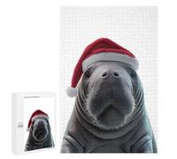 Adults Puzzles 1000 PCS Jigsaws Christmas Manatee with Santa Hat Portrait Puzzle for Adults Brain Teaser Game Analysis And Logic Parent-child Interaction 1000 PCS