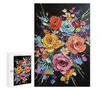Adults Puzzles 1000 PCS Jigsaws Colorful Floral Bouquet Painting on Black Puzzle for Adults Toy Wall Decor Stress Reliever Difficult And Challenge 1000 PCS