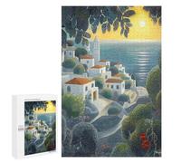 Adults Puzzles 1000 PCS Jigsaws Seaside Village at Sunset in Pointillist Style Puzzle for Adults Toy Wall Decor Stress Reliever Difficult And Challenge 1000 PCS