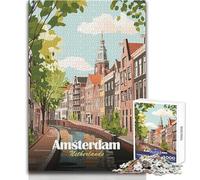 Adults Puzzles 1000 Piece Jigsaws Amsterdam Netherlands Canal Cityscape Illustration Hands-on Game Perfect Decoration Secret Santa Gifts Size 50x75cm