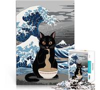 Adults Puzzles 1000 Piece Jigsaws Black Cat Ramen Wave Kanagawa Lernspiele Lustige Aktivitäten für zu Hause, Geburtstagsgeschenk, Reisegeschenk,52x38cm